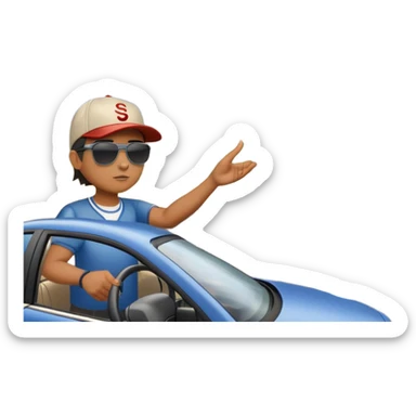 A person stands next to a car parked on the side of a long, open road. The sky ahead is clear and glowing, full of possibilities. One hand is on the steering wheel, the other points forward. The rearview mirror reflects storm clouds, but the windshield shows sunlit mountains ahead.  sticker