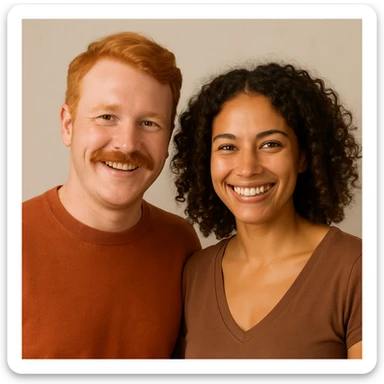 ginger man with brown eyes and ginger mustache, with a brown curly haired woman with green eyes and tan skin, both cheerful, upper body, simple background sticker