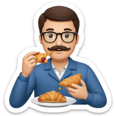 brunette man with glasses and moustache eating croissant sticker