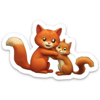 red cat and red squirrel hug sticker