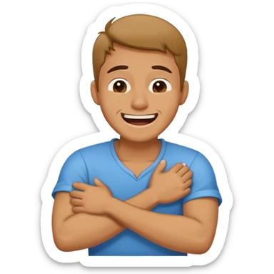 Man crossing arms holding his neck laughing and crying  sticker