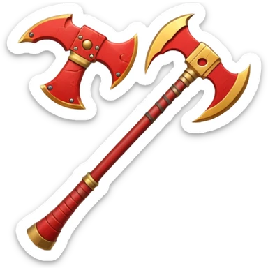 Ares battle axe object icon, ancient Greek war god axe, double-bladed heavy axe, red and gold metal, battle-worn scratches, glowing red accents, 3D cartoon, mobile game icon style, centered, clean background, soft shadow, no text, no watermark

 sticker