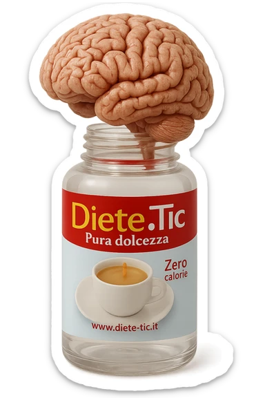 boccetta di dolcificante aperta da cui dentro esce un cervello anatomico umano, iperrealistico 4k sticker