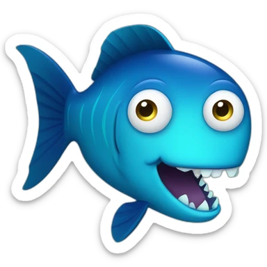 mythology dark blue fat oval with a cyan face and a cyan fish fin and a open mouth and big teeth sticker