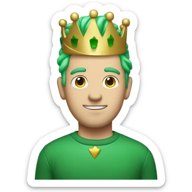 A white man with green hair, a green sweater with a W on it, and a crown on his head sticker