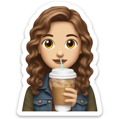 Full body aesthetic white girl with brown wavy hair and brown eyes sipping an iced americano in a cute coffee shop  sticker