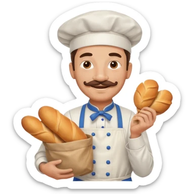 Middle aged male pastry chef - with a mustache, apron, white hat, holding a bag of bread sticker