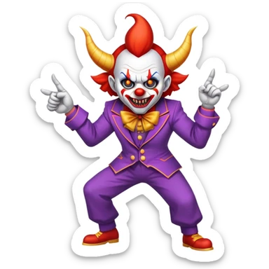 evil clown with horns, fangs, pointed ears, leisure suit, battle-ready, fighting posture sticker