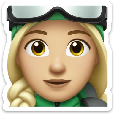 Green-eyed, fat female skier with medium-length straight blonde hair no curls, snow goggles on top of helmet, white ski helmet, gray snow jacket, green ski gloves, long black pants rolled up at the bottom, black only snow boots standing tall. sticker