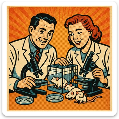 Two caring 1940s scientists wearing white lab coats over a suite in their science laboratory full of microscopes and petri dishes and happy mice in a cage. sticker