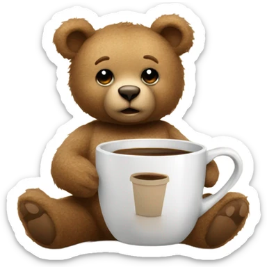 Teddy bear wearing pajamas with a coffee cup sticker