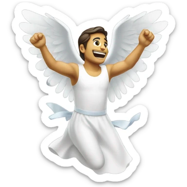 A flying man in white dress and light sticker