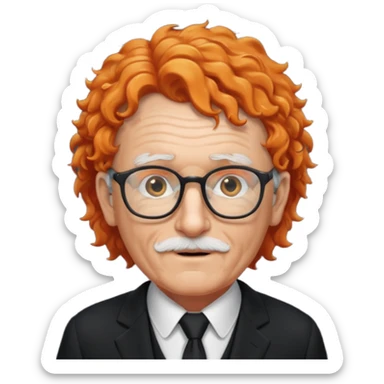 old man, orange curly hair, no mustache, wearing glasses, long face, wearing a black suit sticker