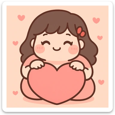 bbw anime girl with closed eyes, smiling, sitting behind a big heart, kawaii anime style, pink and red palette sticker