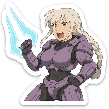 female, wearing reach spartan armor default, long white braid hair with massive messy front side single bangs, gold yellow eyes, attention pose, HALO:series, no helmet, the armor is lavender color scheme, shoulder pad off. DDD bust size fitting. Punk gothic cyberpunk, brandishing a covenant energy sword, preparing to swing and yelling sticker