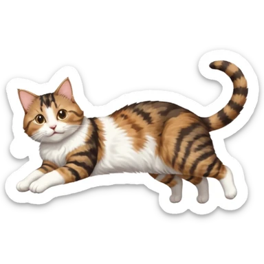 brown tabby and white cat with doing a big extremely long stretch reaching up into the air with arms and legs side by side together straight and overextended whilst lying on its side sticker