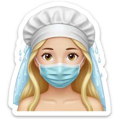 A beautiful girl with long hair wears a face mask and a white shower cap sticker