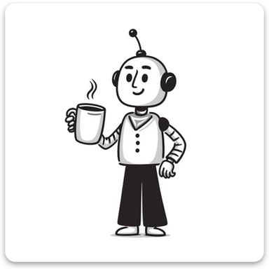 A hand-drawn robot character happily holding a coffee mug sticker