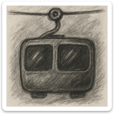 Add hand-drawn shading, visible windows, cables, and sketch details to the purple cable car, emphasizing a detailed pencil sketch style. sticker