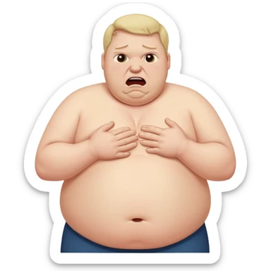 A fat man in agony with a stomach ache sticker