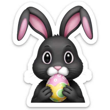 Black rabbit with a white nose, hanging ears  and holding easter eggs sticker