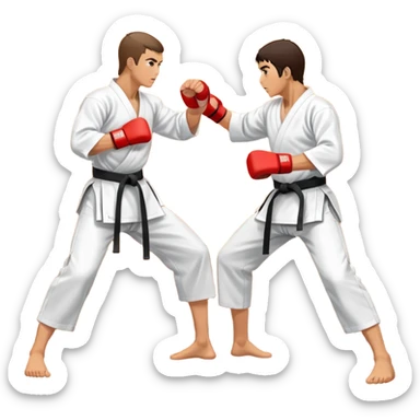 An icon representing traditional Karate, featuring two opponents in a martial arts dojo. One is performing a powerful punch, while the other defends with a block. The background showcases a classic dojo setting with wooden floors and sliding doors. Transparent background sticker