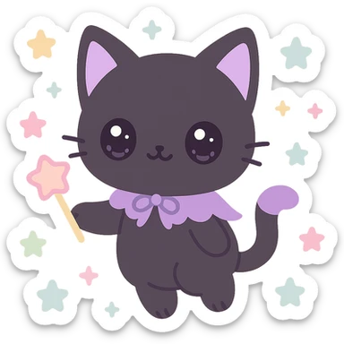 kawaii style magical gothic cat, adorable face, black and purple fur, floating with pastel stars, holding a magic wand, sweet and whimsical sticker