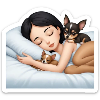 Girl with black hair sleeping in bed with one brown chihuahua  sticker