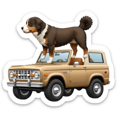 Sand colored ford bronco with no roof and Bernese mountain dog in the back sticker