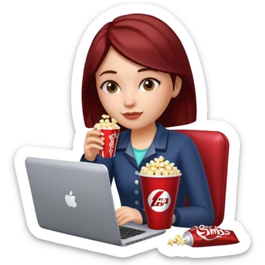 Girl playing sims 4 on laptop and eating popcorn and drinking a Dr Pepper sticker