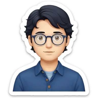 Torso view of young man with longer wavy black hair, round glasses, dark blue casual buttoned shirt sticker