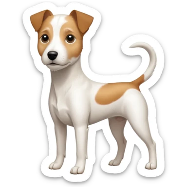 a full body slightly chubby white parson russell terrier looking dog the size of a kelpie with light brown long ears and a light brown patch on one eye and a large snout. the rest of the dog is completely white. forward facing sticker