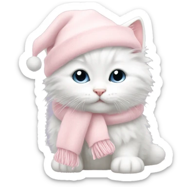 fluffy white winter kitten with pale pink christmas hat and pale pink scarf sticker