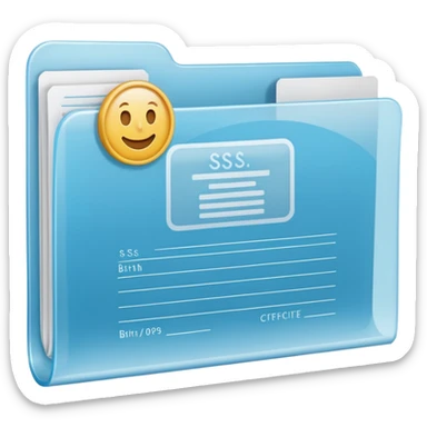 A simple emoji-style icon of a transparent plastic folder, clean and minimal, with rounded corners, subtle translucency, soft shading, and a small official documents symbol representing birth certificate, and SS. sticker