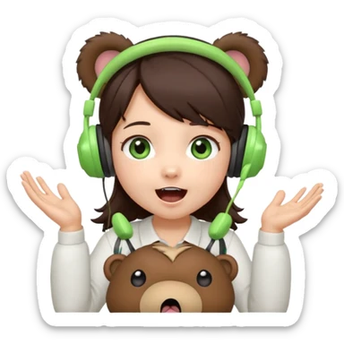 Chibi girl, dark brown hair, green eyes, wearing a white shirt and small brown bear ears on a headset, with wide happy surprised eyes and mouth and clapping excitedly sticker