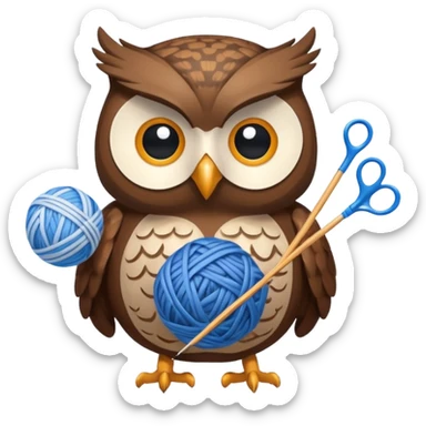 Owl holding blue yarn ball and knitting needles sticker