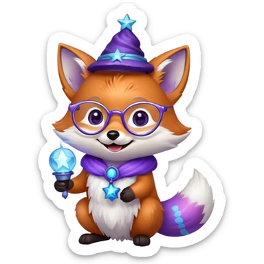 A small magical fox with shimmering purple and blue fur, a glowing fluffy tail, a silver star on its forehead, and round glasses, holding a tiny magical lantern, laughing with tears of joy in its eyes. 🦊😂 sticker