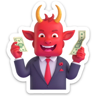 red devil with horns in business suit counting cash with greedy expression sticker