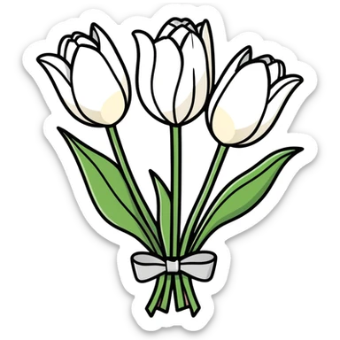 Bouquet of white tulips tied with a bow sticker