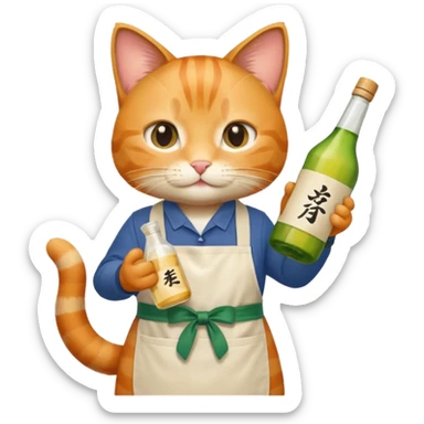 cool cat wearing an apron holding a bottle of sake sticker