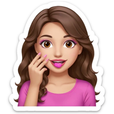 girl with long wavy brown hair, brown eyes, long lashes makeup, sexy pink lips, light to medium complexion, pink sexy top, smiling, hand covering  sticker
