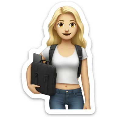 A tall blonde teenager, 17 years old, holding a laptop bag sticker