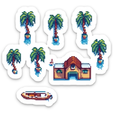 cozy seaside cottage on a sandy shore, pixel art emoji style, 32x32, vibrant colors, blue water, palm trees and boats in the distance sticker