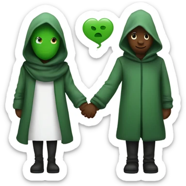 Hooded alian with green skin holding hands with a other person. 2 people in the picure sticker