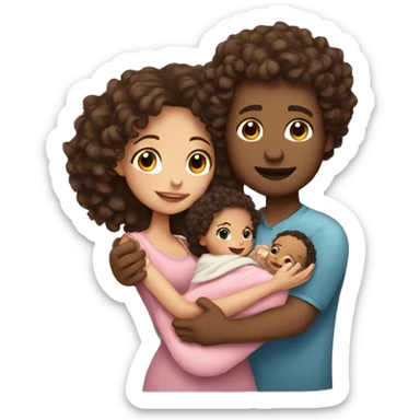 girl with curly hair holding baby and husband sticker