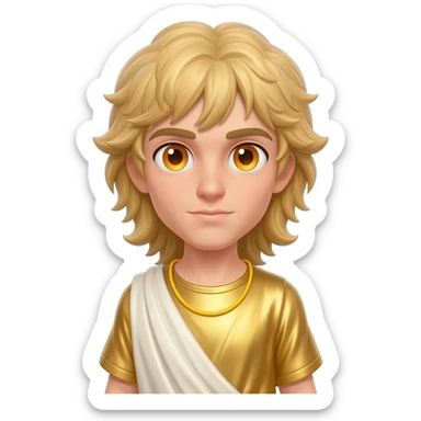 Apollo from Greek Mythology with amber eyes, long blonde hair, gold metallic shirt, ivory metallic baggy pants, yellow necklace sticker