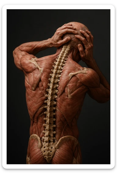 CORPO UMANO ANATOMICO con spina dorsale in evidenza, molto stanca e stressata mentre si tiene le mani sulla testa, IPERREALISTICO 4K sticker