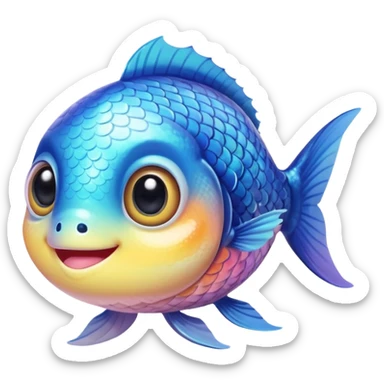extremely cute aesthetic fish with tiny body, huge shiny big eyes, colorful soft scales, extra friendly smile, maximally cute, kawaii-inspired sticker