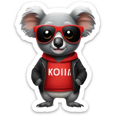 A koala wearing stylish sunglasses and a black and red sweatshirt  sticker