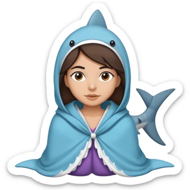 Egyptian-haired girl with black eyebrows, brown hair, Iranian descent, wearing a shark costume with a blanket. sticker